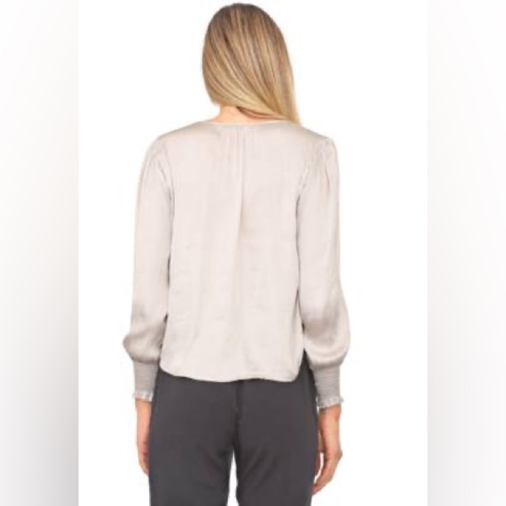 Banana Republic Women Satin Smocked Tie-Neck Blouse Silver Champagne Size XL - Picture 10 of 10